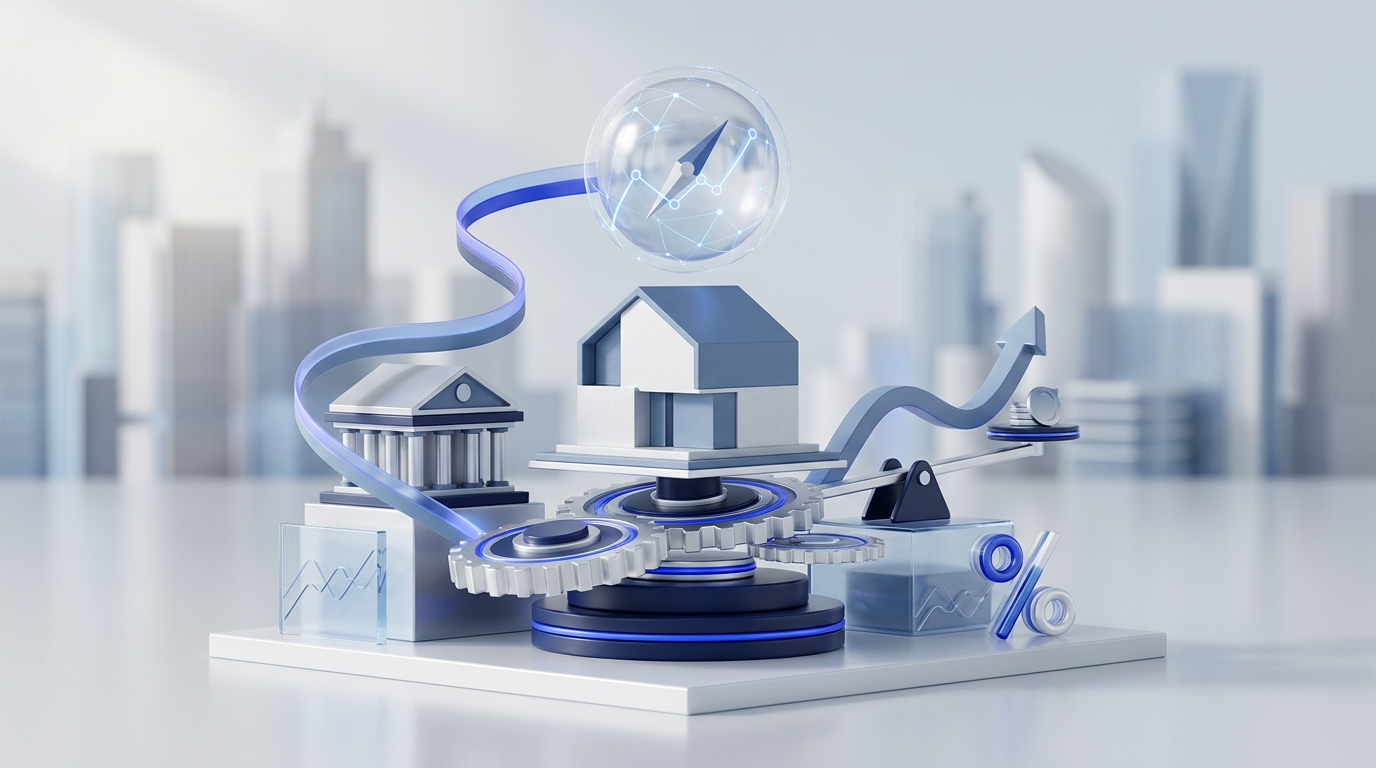 Mortgage rate concept with percentage symbols, home financing and interest rate elements